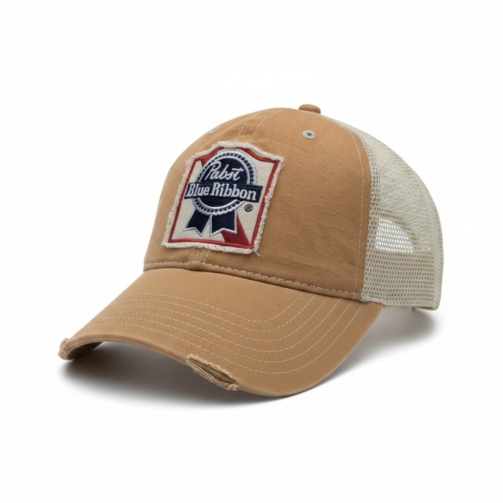Pabst Blue Ribbon PBR Trucker Hat Bioworld Tan Mesh Snapback Distressed